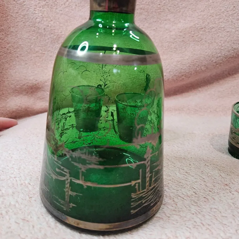 Vintage Venetian Emerald Green Glass Decanter Set w/ Silver Overlay & 4 Glasses
